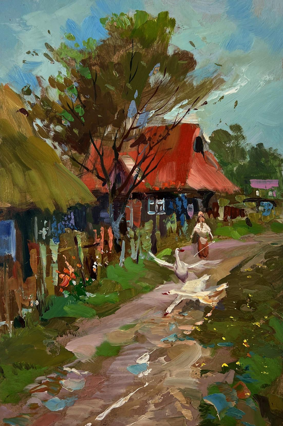 Oil painting Geese in the village by Yuriy Suprunchuk