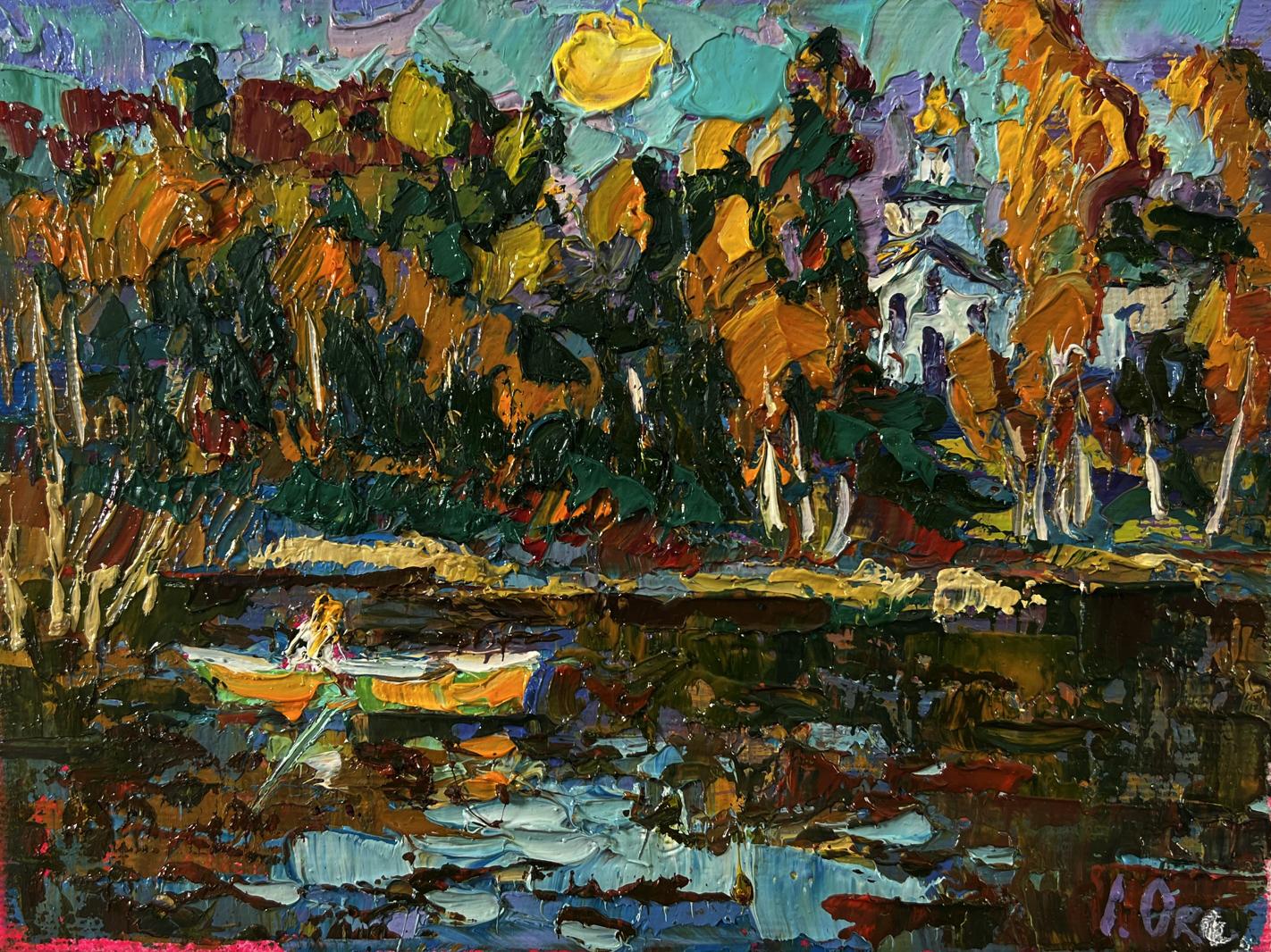 Vibrant impressionist oil painting by Oksana Ivanyuk: lakeside village, autumn trees, evening boat ride