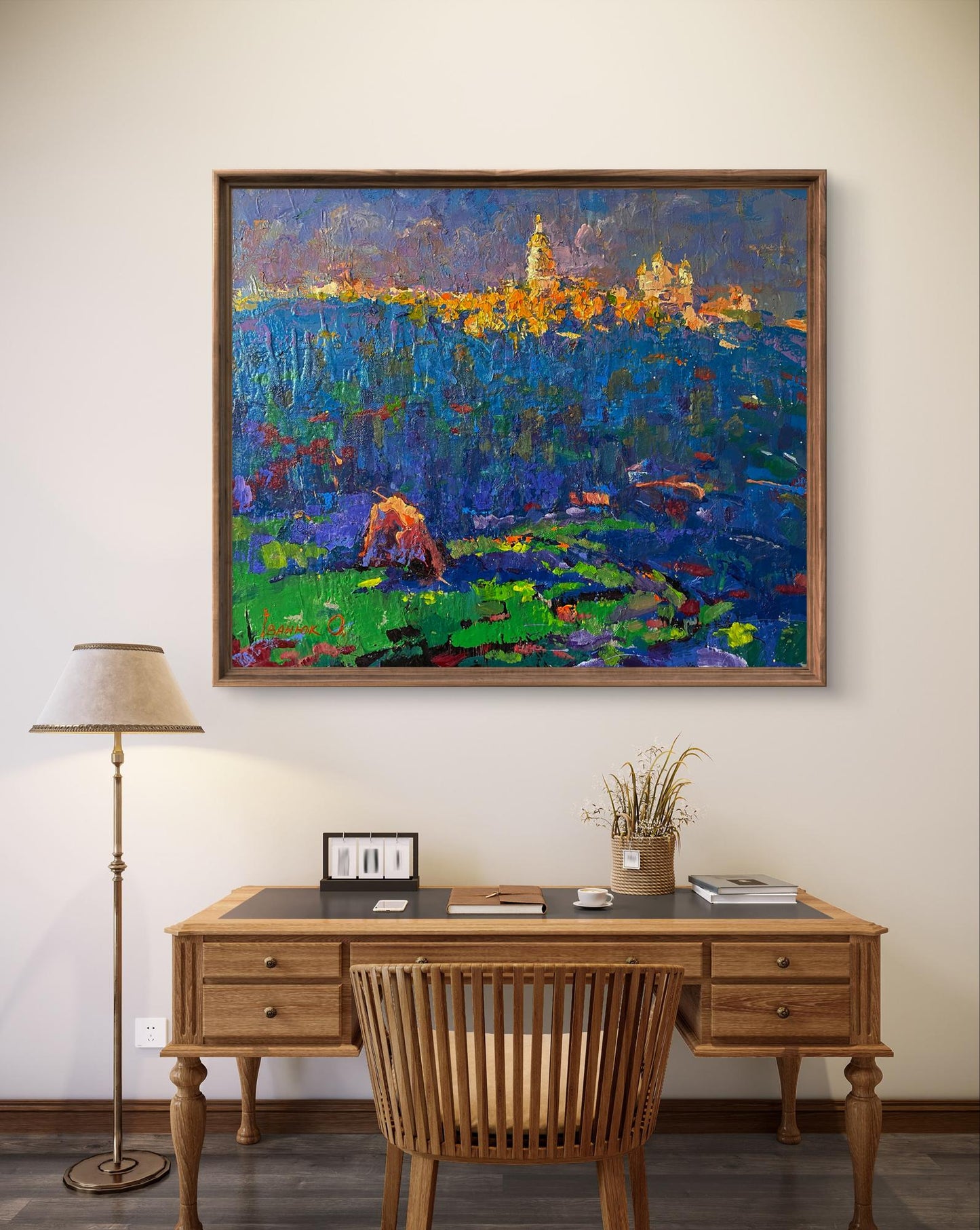 Vibrant impressionistic sunset landscape oil painting by Oleksiy Ivanyuk in rustic frame