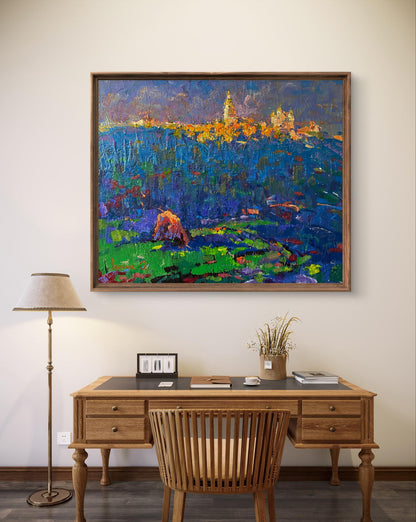 Vibrant impressionistic sunset landscape oil painting by Oleksiy Ivanyuk in rustic frame
