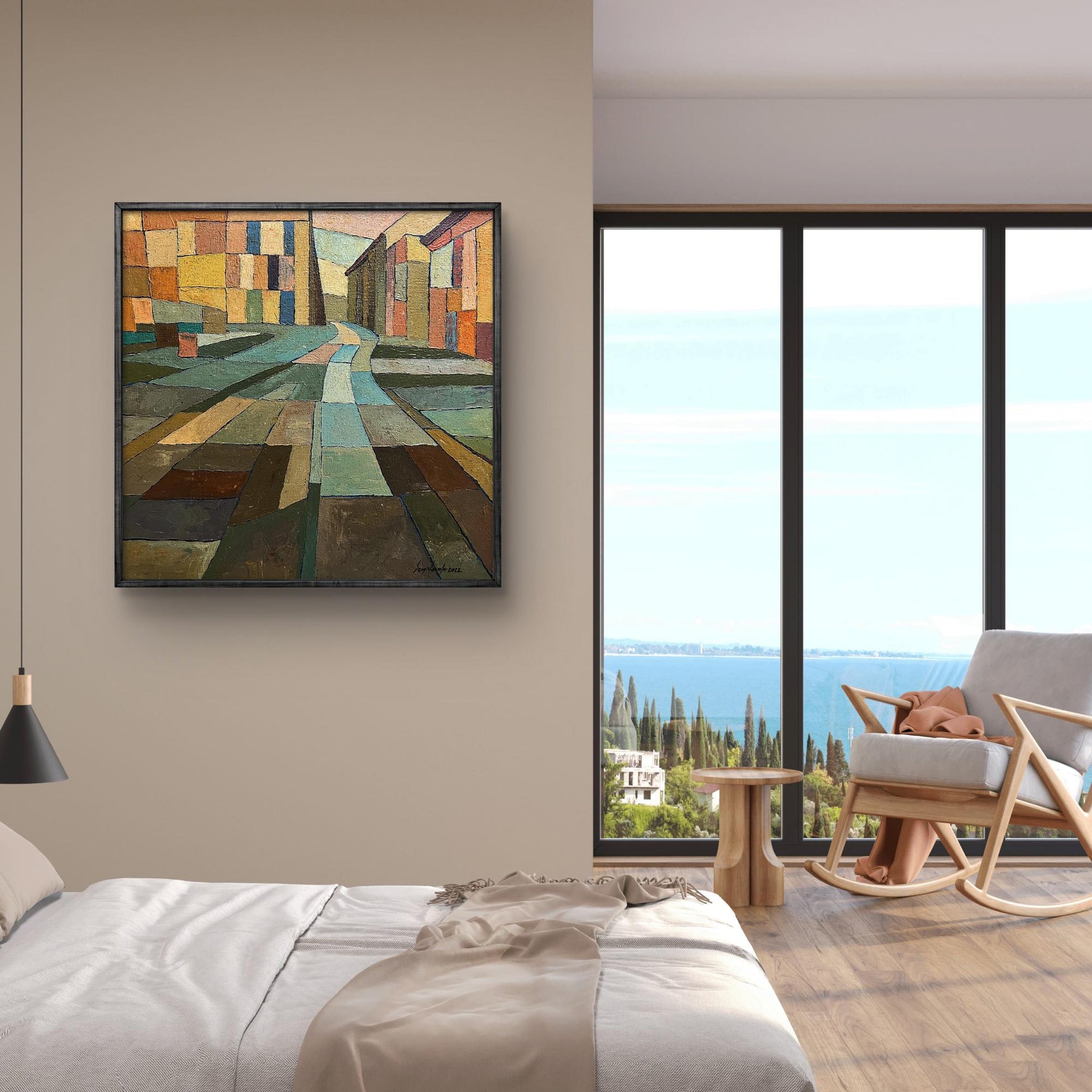 Framed oil painting The road to the square by Serhiy Kovalev, geometric earthy tones