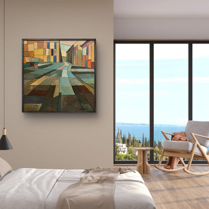 Framed oil painting The road to the square by Serhiy Kovalev, geometric earthy tones