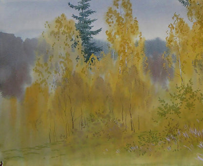 Watercolor painting of autumn yellow forest by Valery Savenets