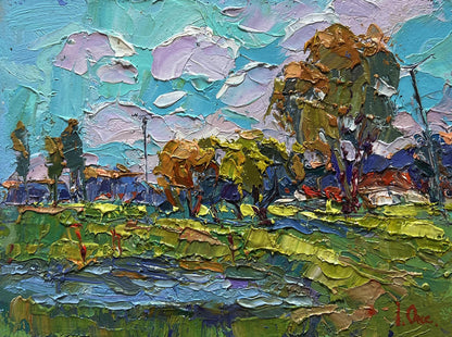 Vibrant impressionistic oil painting Near the village lake by Oksana Ivanyuk
