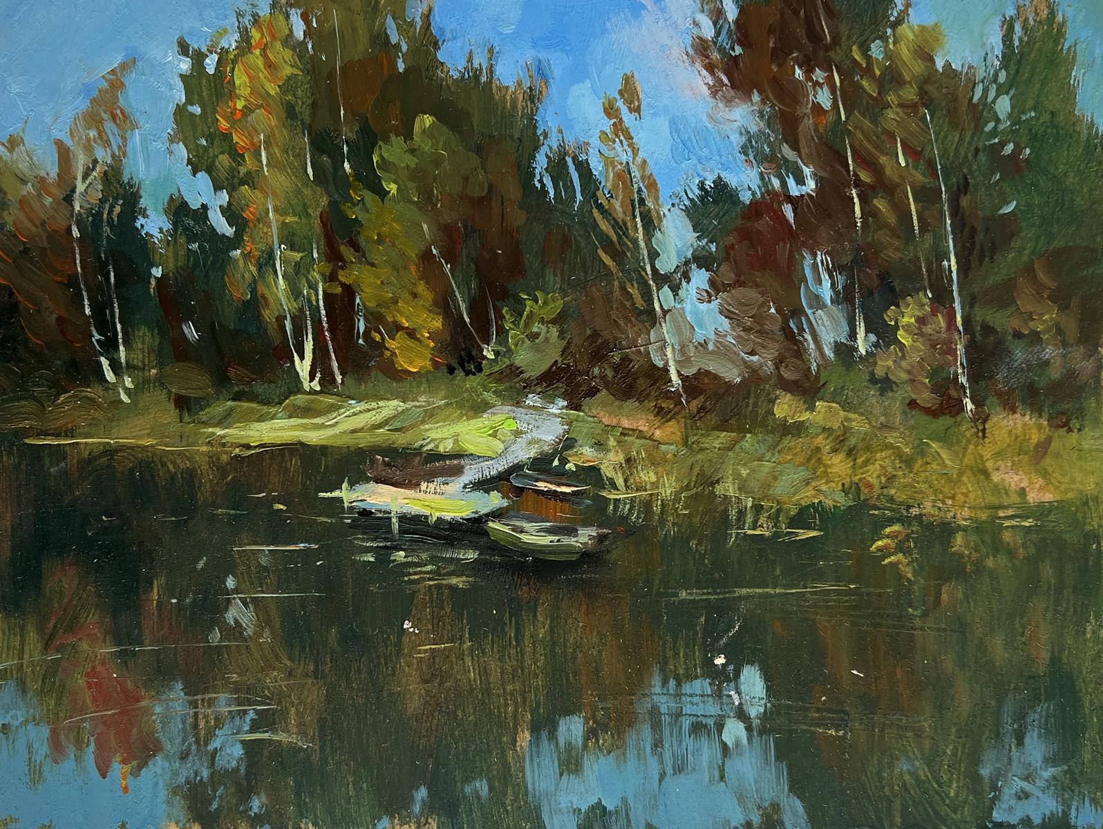 Serene impressionistic oil painting of tranquil lake with boats by Yuriy Suprunchuk
