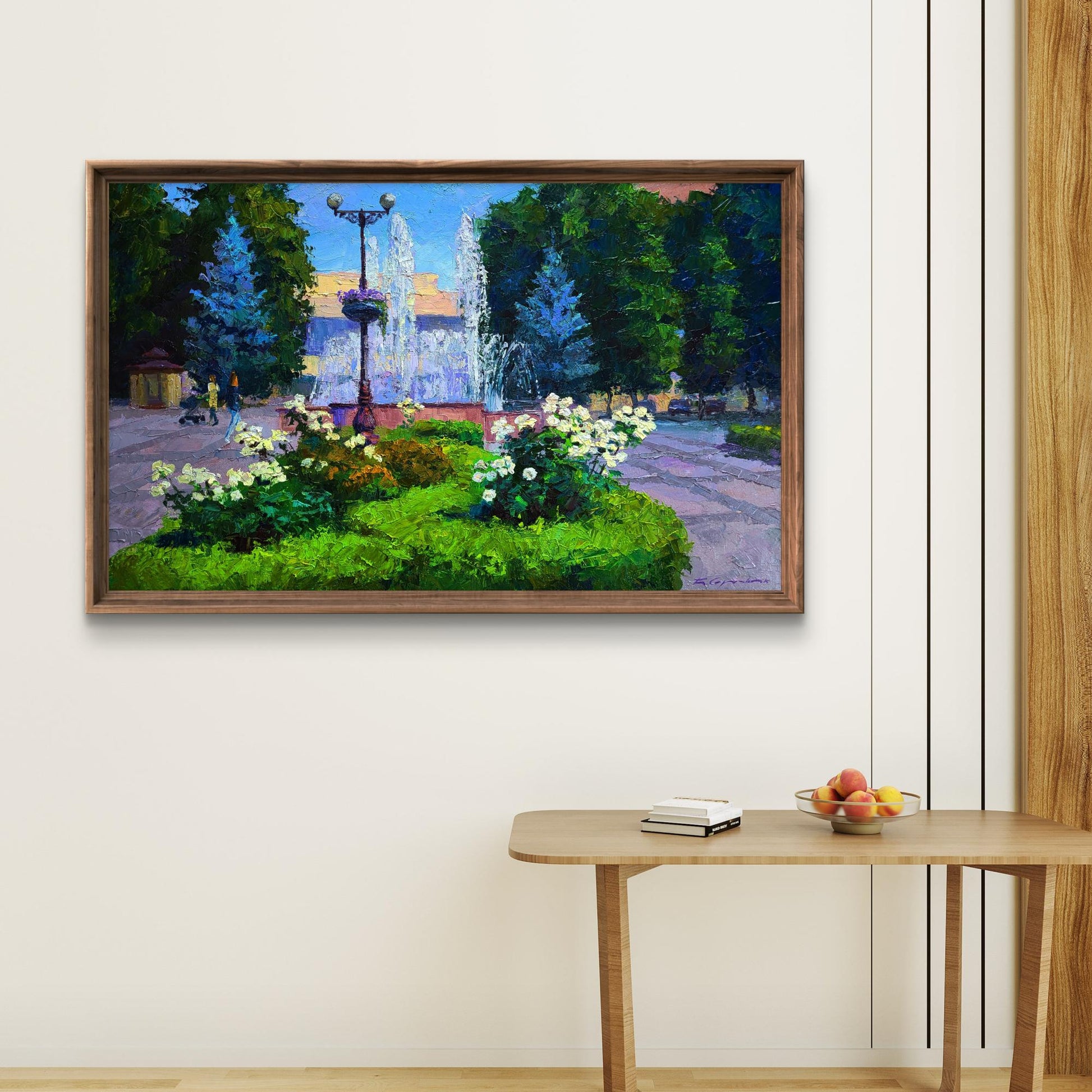 Oil painting of city square with fountains by Boris Serdyuk