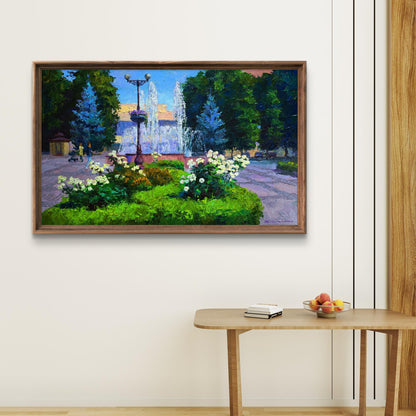Oil painting of city square with fountains by Boris Serdyuk