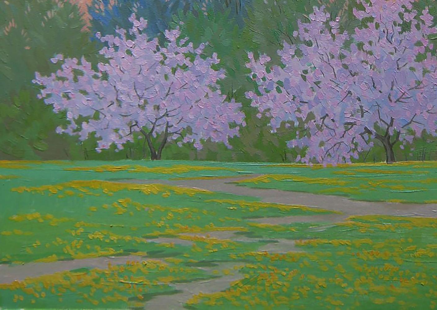 Vibrant impressionist oil painting of spring cherry trees by Valery Savenets