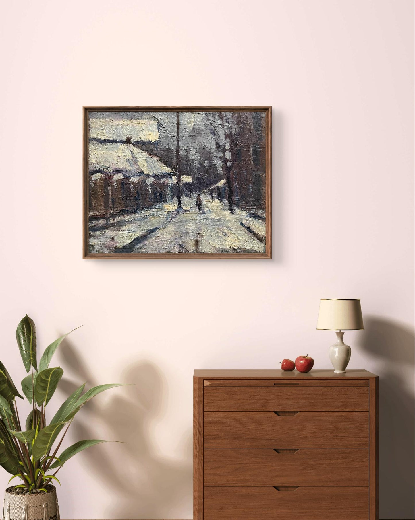 Oil painting Sunday Volodymyr Pashchenko snowy street in wooden frame