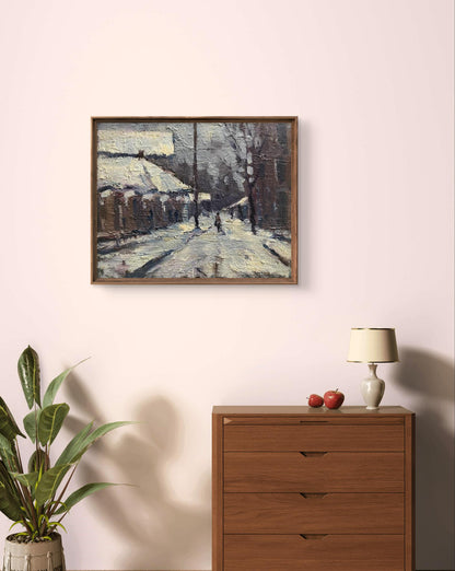 Oil painting Sunday Volodymyr Pashchenko snowy street in wooden frame