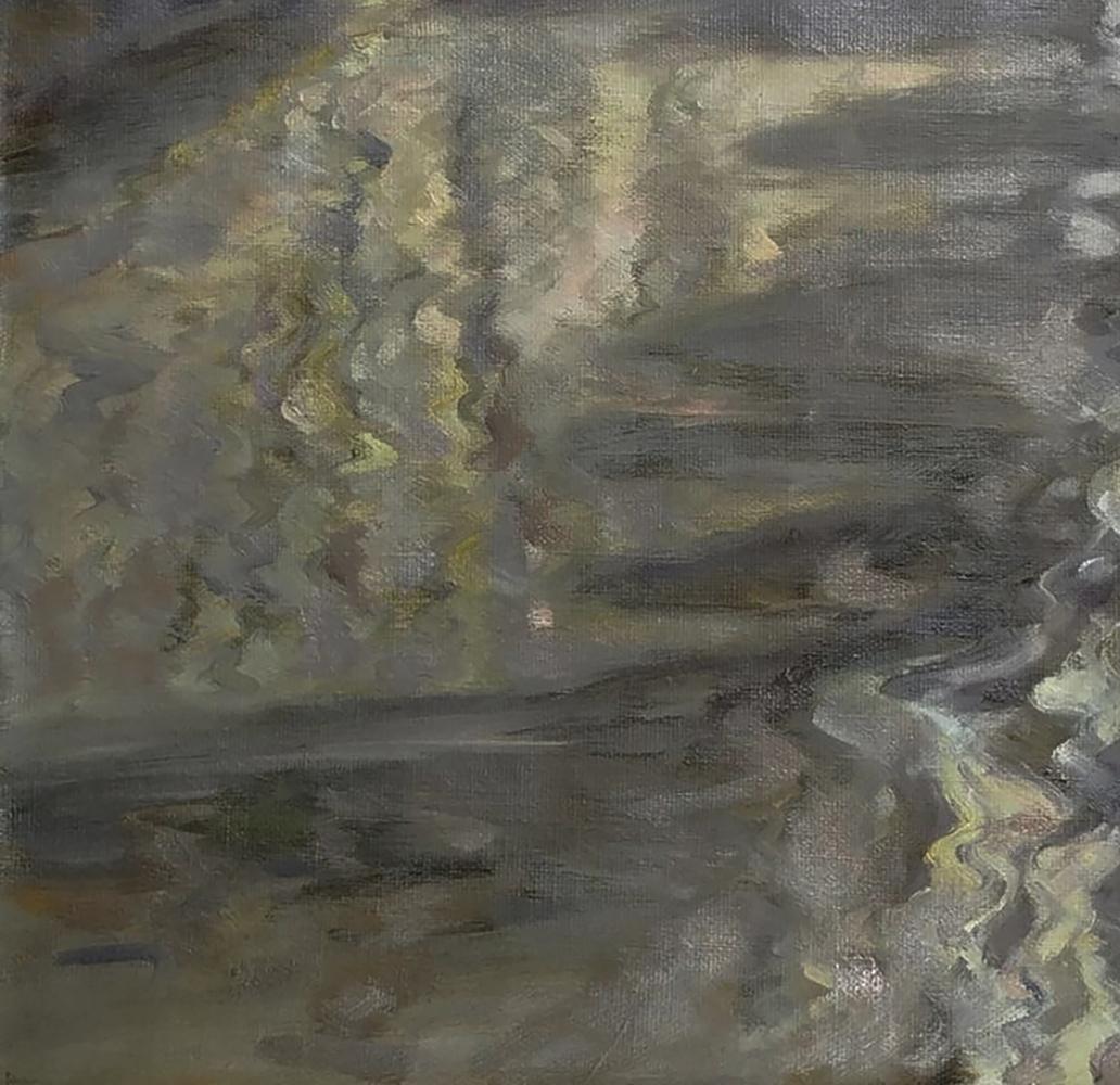Abstract oil painting of Chinese bridge by Leonid Pavlenko in grays and golds