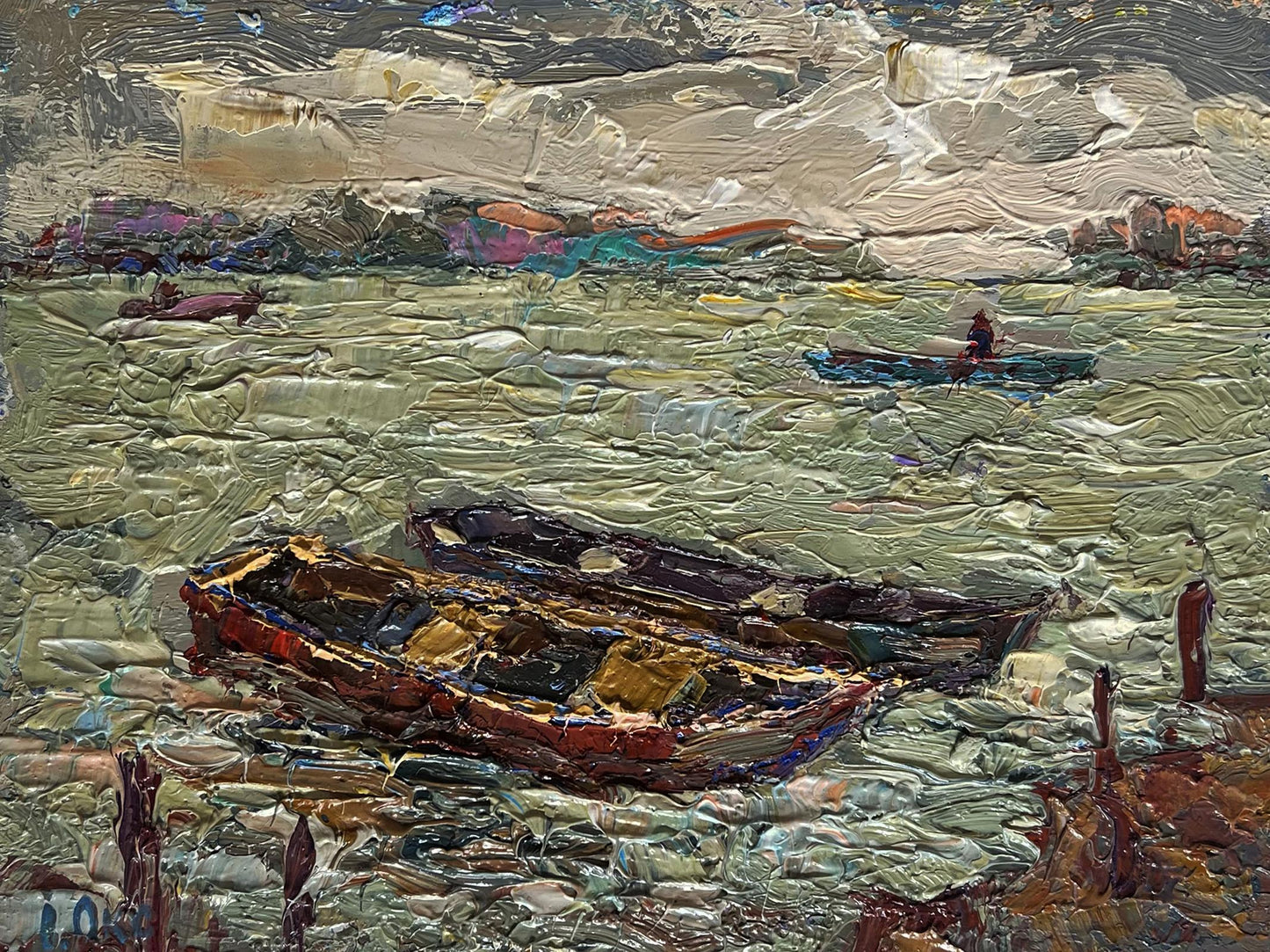 Oil painting of boats near pier by Oksana Ivanyuk, textured rowboats on water