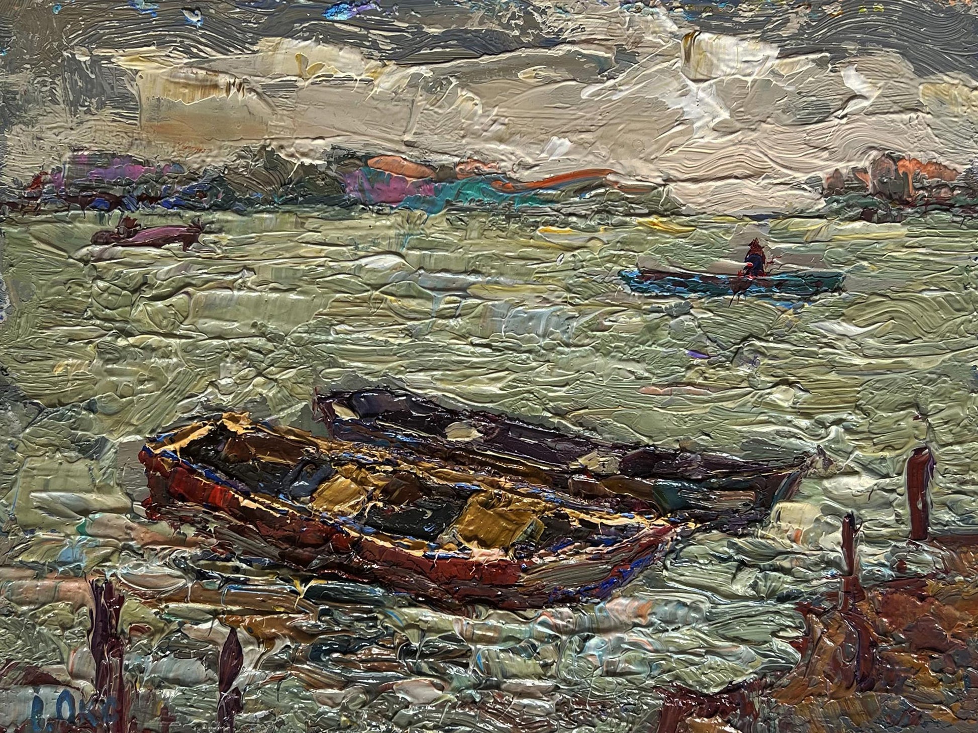 Oil painting of boats near pier by Oksana Ivanyuk, textured rowboats on water