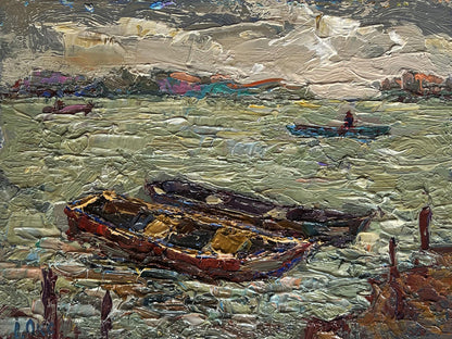 Oil painting of boats near pier by Oksana Ivanyuk, textured rowboats on water