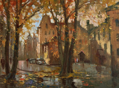 Autumn streets oil painting by Yuriy Suprunchuk with vibrant leaves