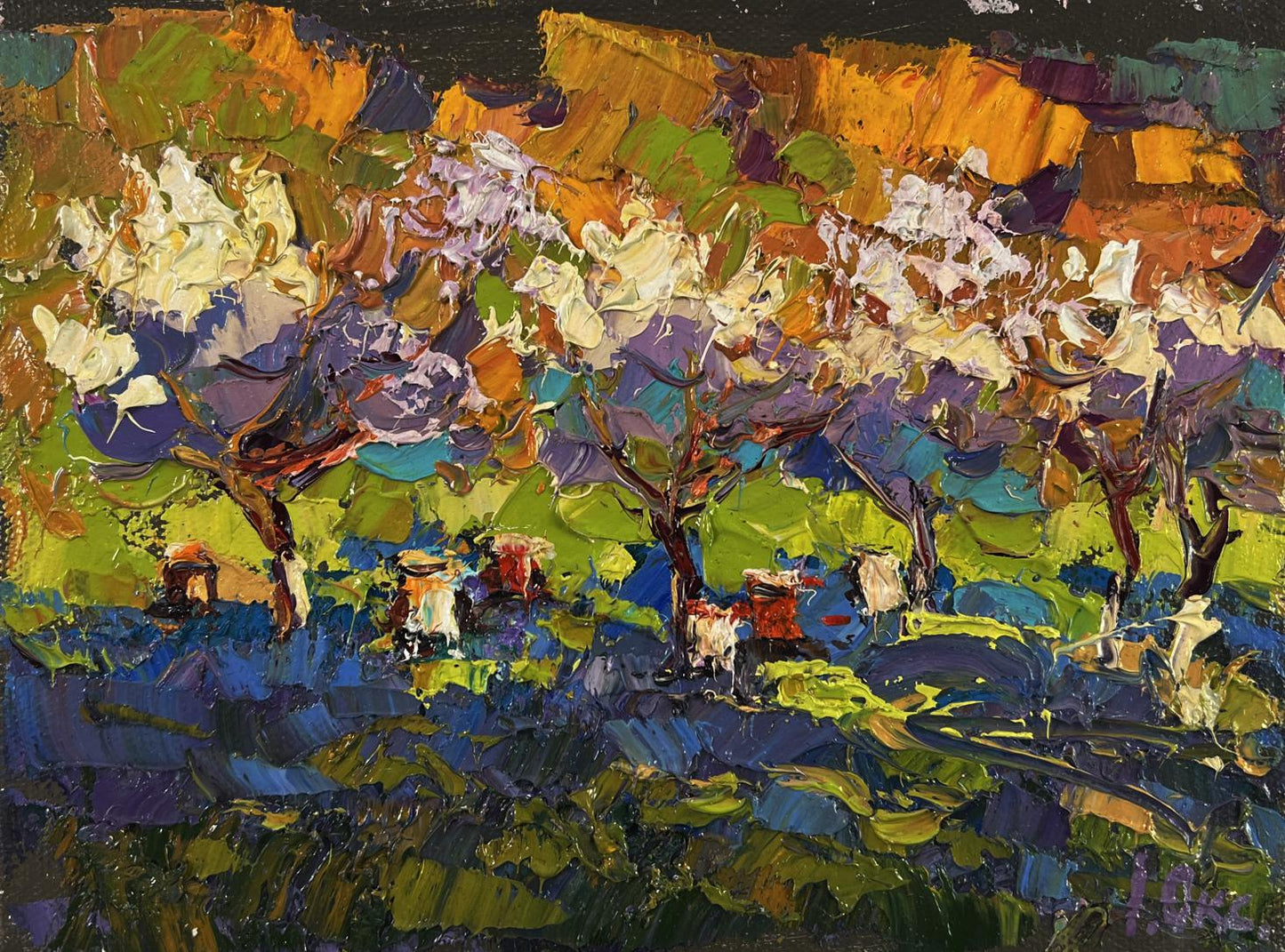 Vibrant impressionist oil painting by Oksana Ivanyuk: blossoming trees in spring colors