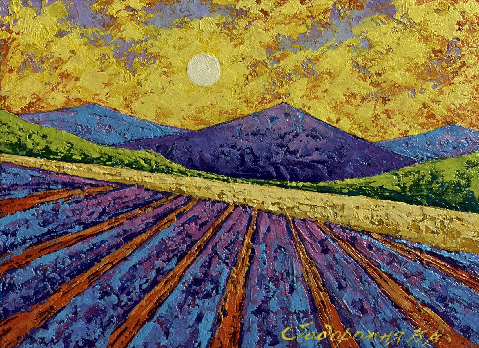 Vibrant oil painting of lavender field with sun rays gliding across meadows by V. Zadorozhnya