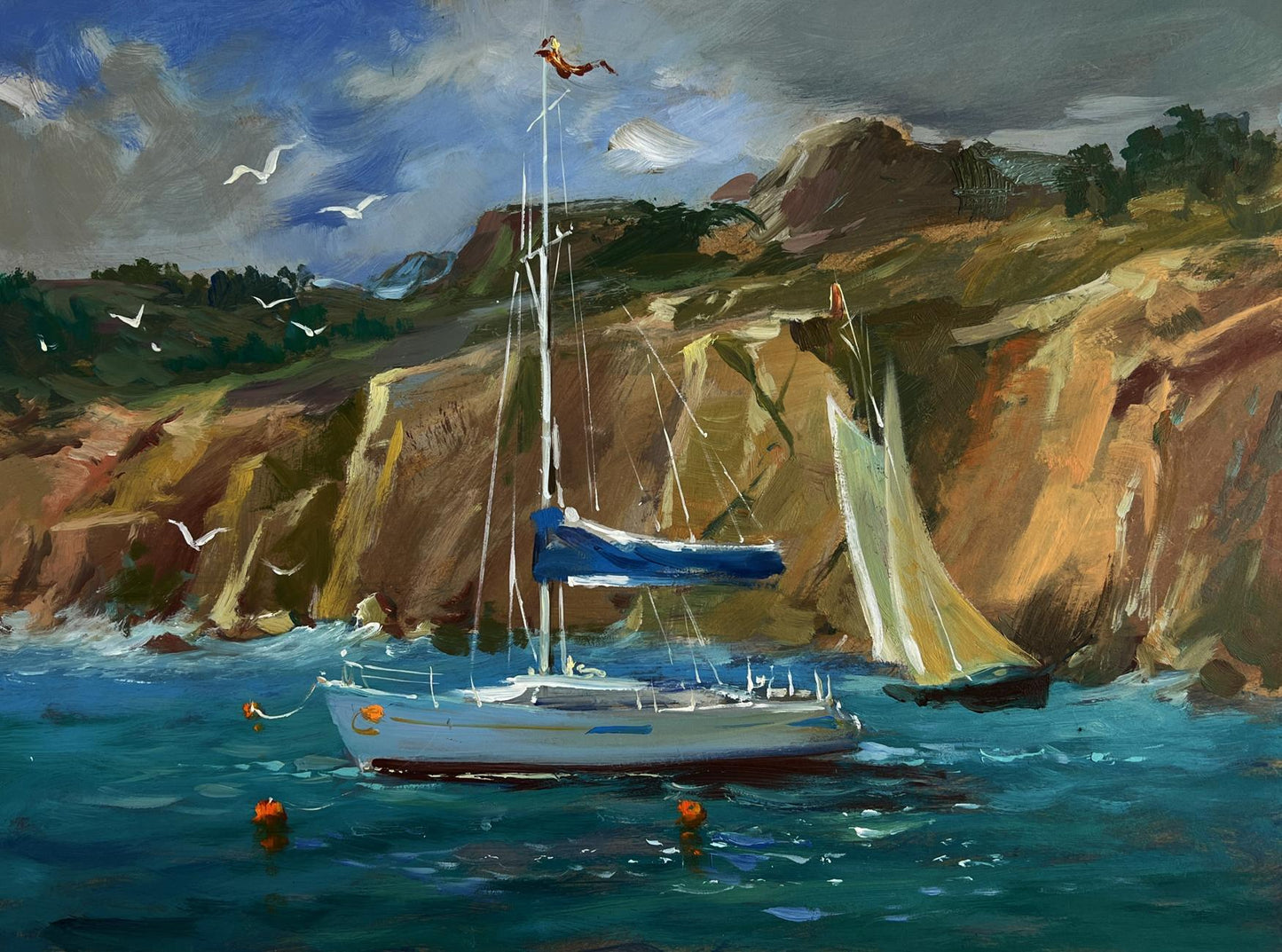 Oil painting by Yuriy Suprunchuk: sailboat glides through turquoise waters near cliffs