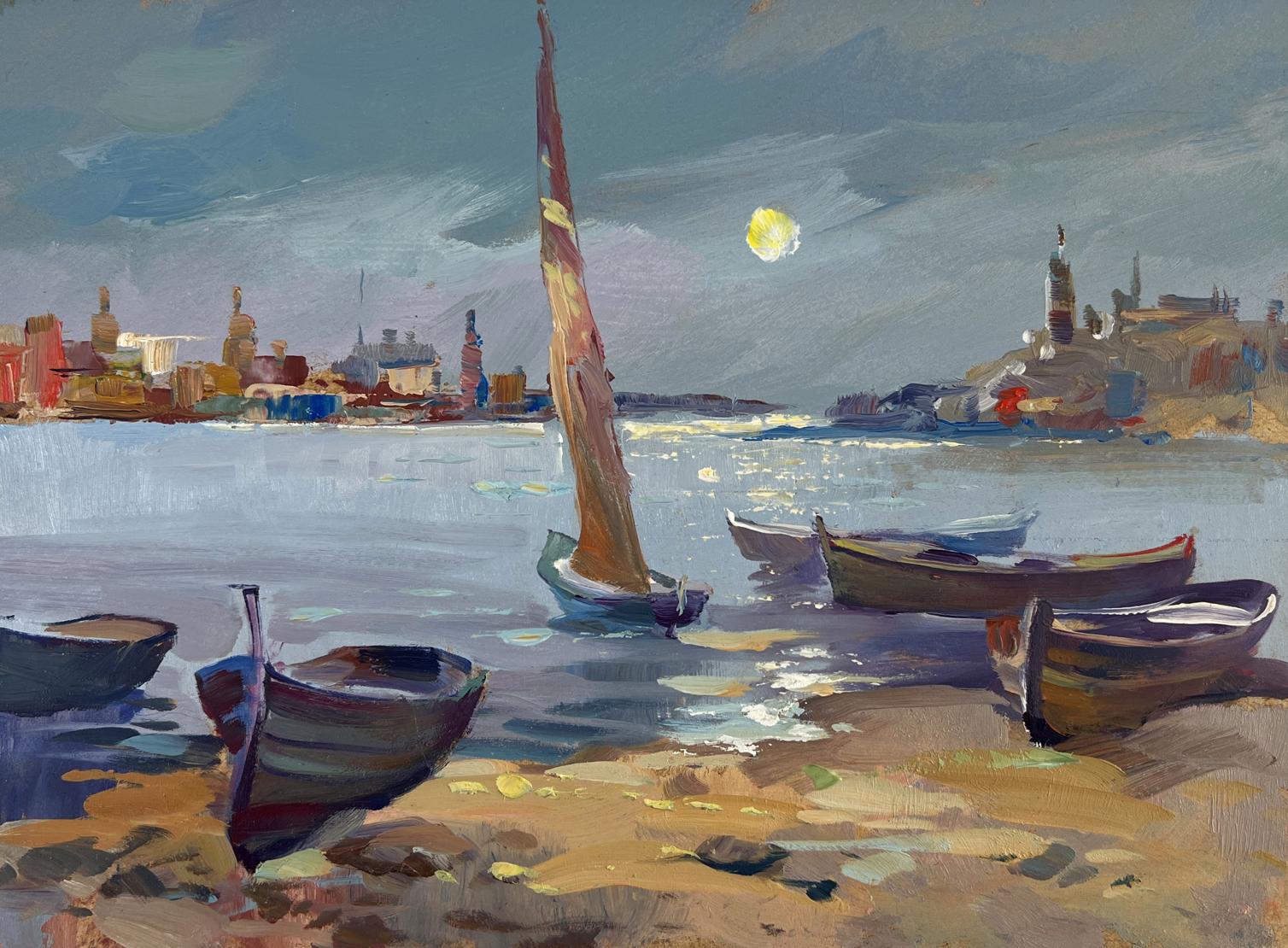 Serene impressionist oil painting of sailboat under moon by Yuriy Suprunchuk