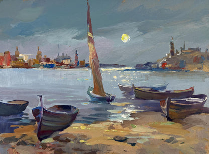 Serene impressionist oil painting of sailboat under moon by Yuriy Suprunchuk