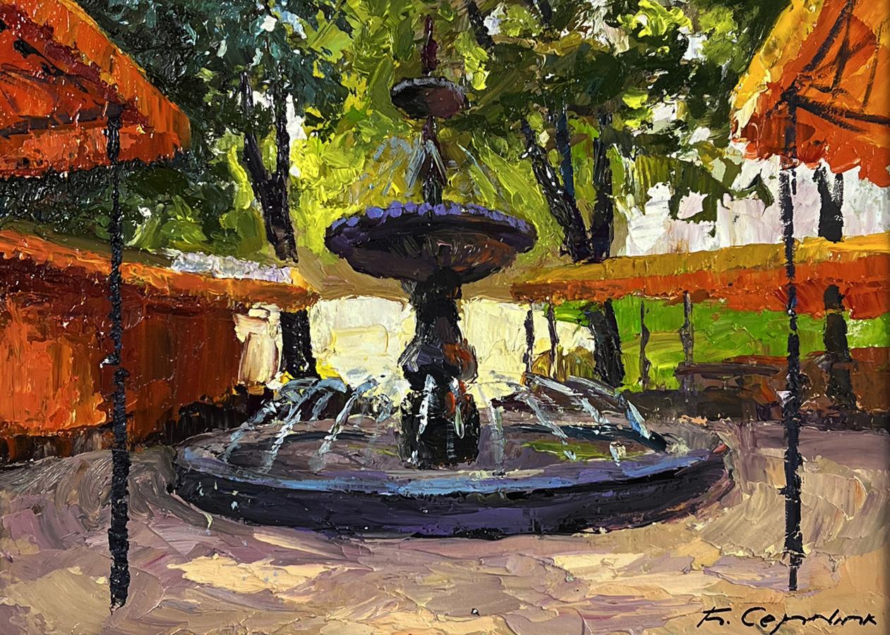 Oil painting of dark multi-tiered Fountain in the city park by Boris Serdyuk