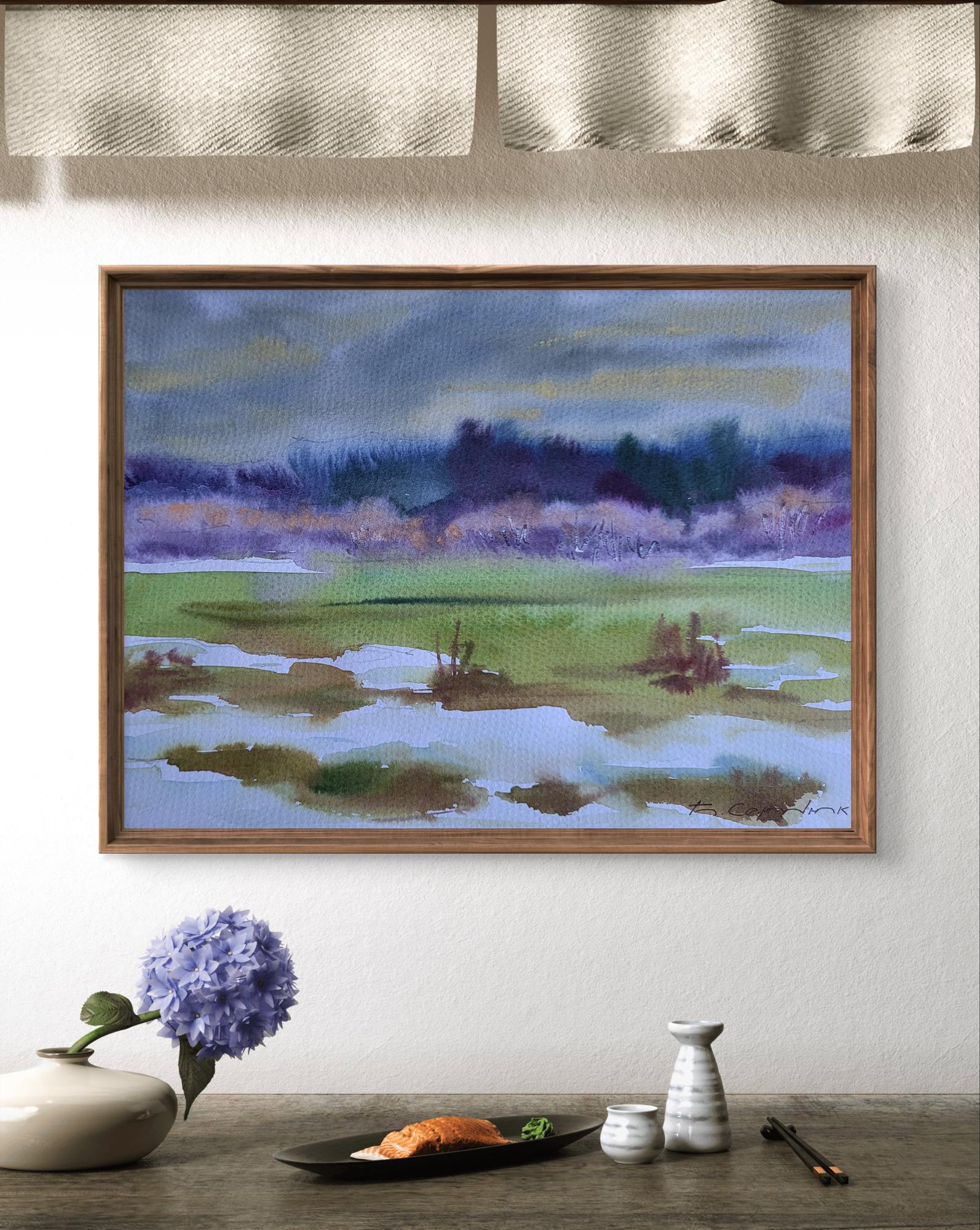 Framed Boris Serdyuk watercolor First snow silence marsh landscape