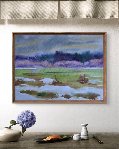 Framed Boris Serdyuk watercolor First snow silence marsh landscape