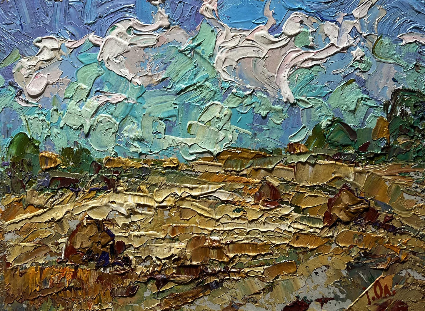 Oil painting White clouds over the field by Oleksiy Ivanyuk impasto landscape