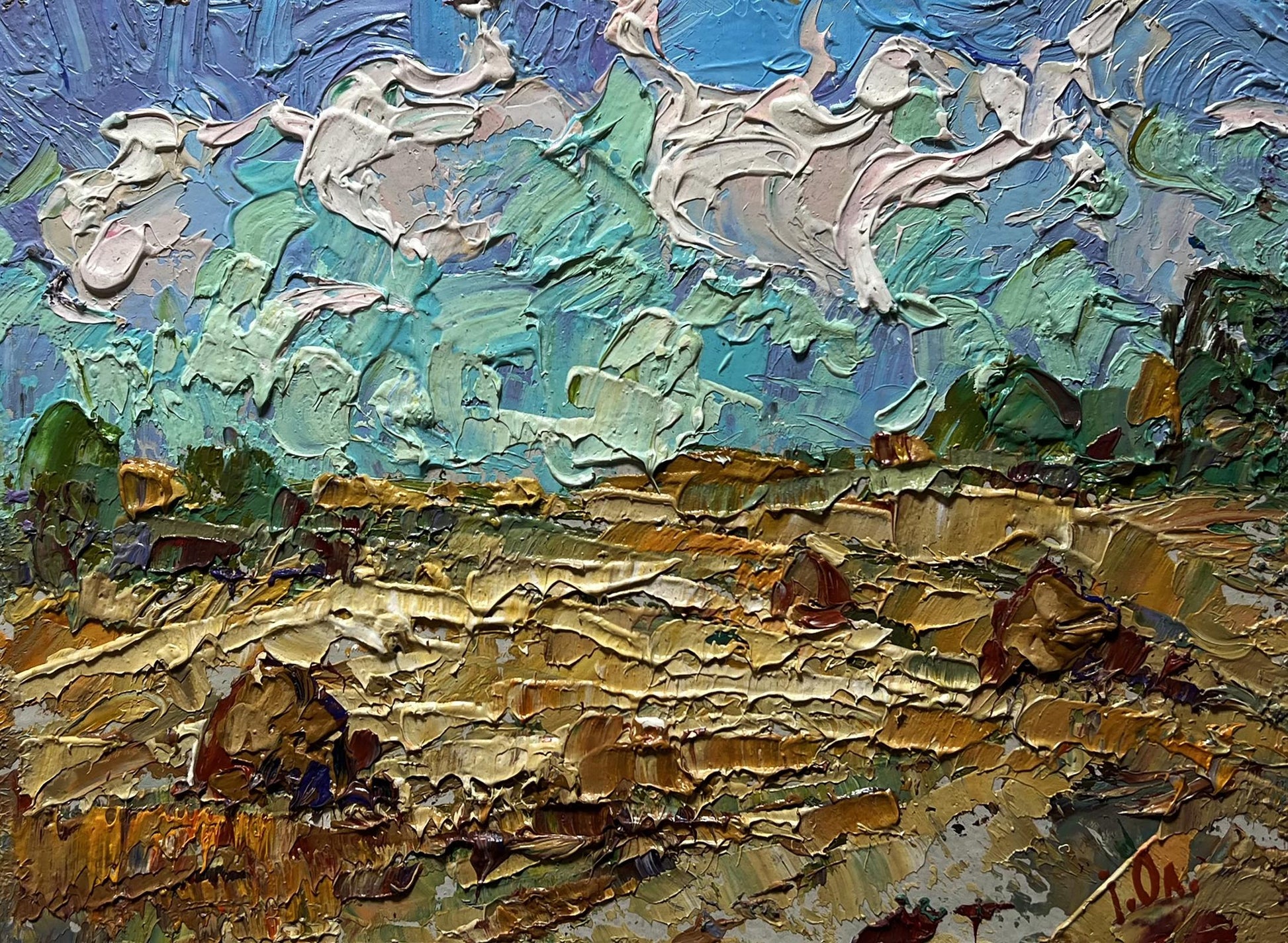 Oil painting White clouds over the field by Oleksiy Ivanyuk impasto landscape