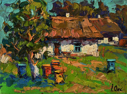 Vibrant impressionistic oil painting Apiary in the Yard by Oksana Ivanyuk