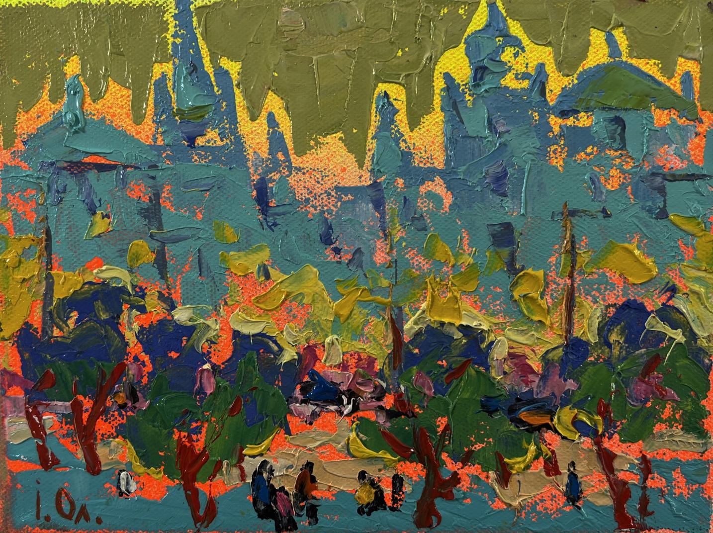 Vibrant Oleksiy Ivanyuk oil painting of sunset city in teal impasto hues