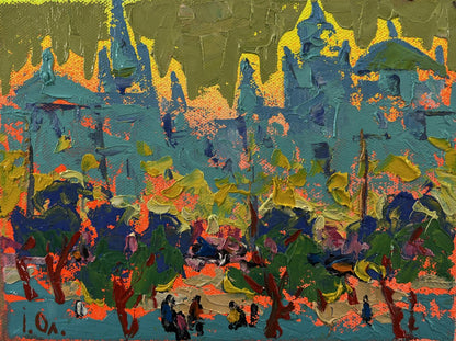 Vibrant Oleksiy Ivanyuk oil painting of sunset city in teal impasto hues