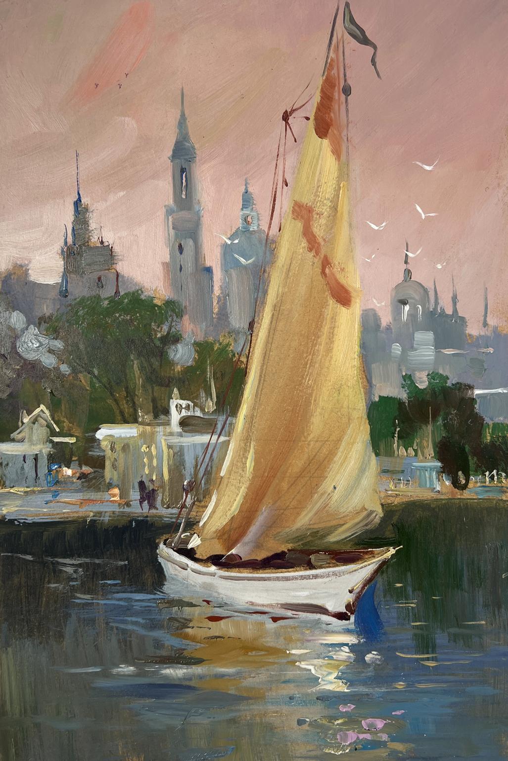 Oil painting by Yuriy Suprunchuk: white sailboat with orange sail on calm water