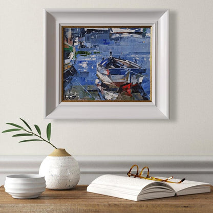 Oil painting Moored boat by Volodymyr Gluhomanyuk with white frame