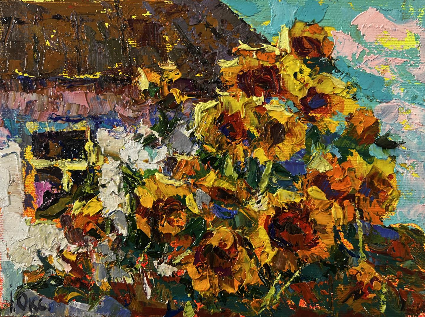 Vibrant yellow sunflowers oil painting by Oksana Ivanyuk