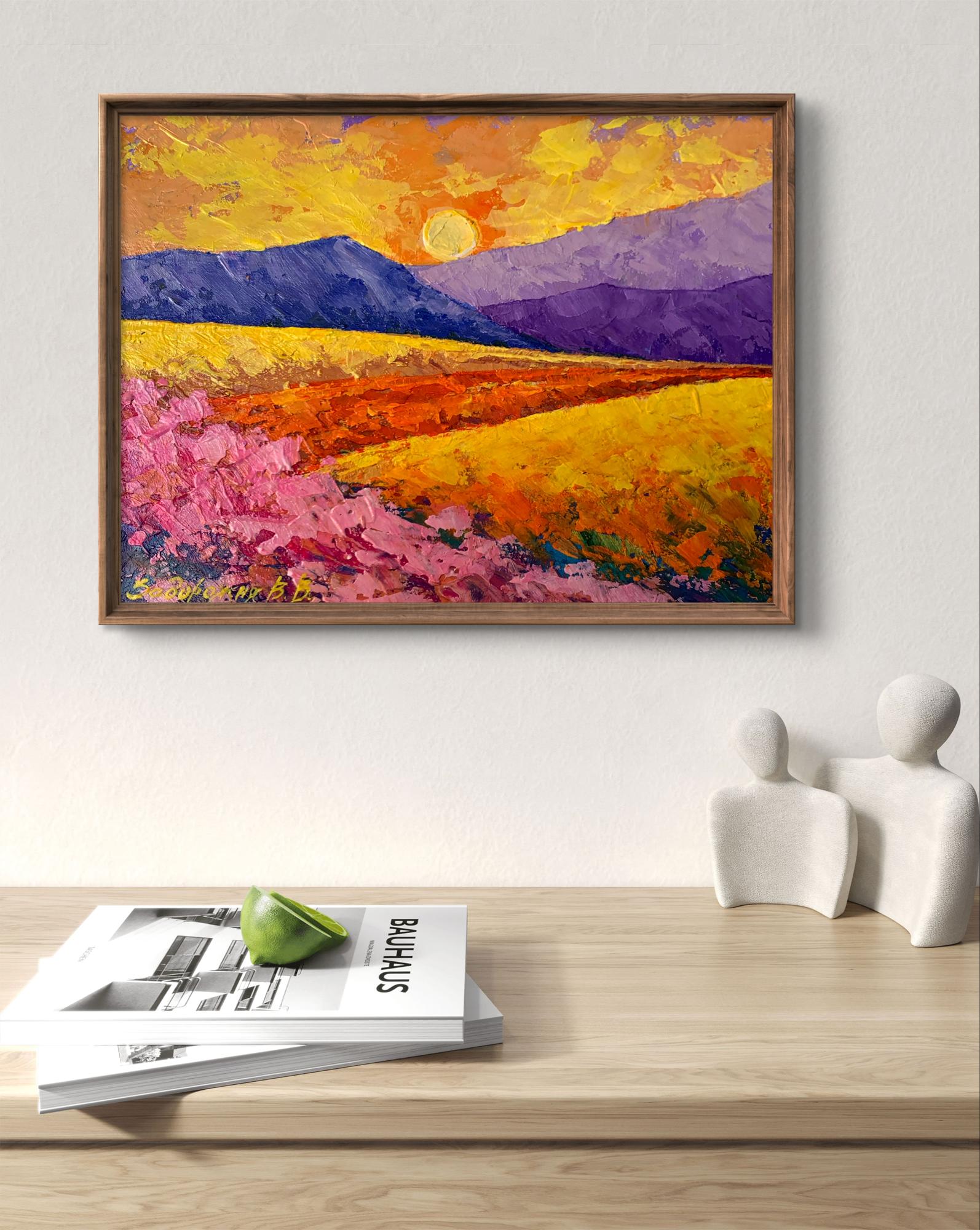 Oil painting Sun over the mountains by V. Zadorozhnya in wooden frame