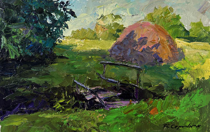 Oil painting by Boris Serdyuk: rustic wooden cart in green field under cloudy sky