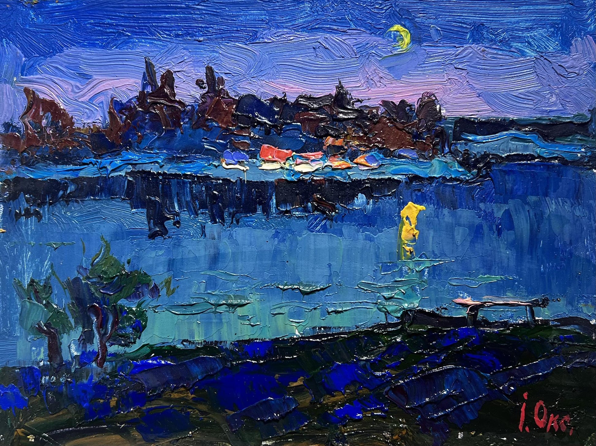 Oil painting Moon over the river by Oksana Ivanyuk, vibrant nocturnal lakeside scene