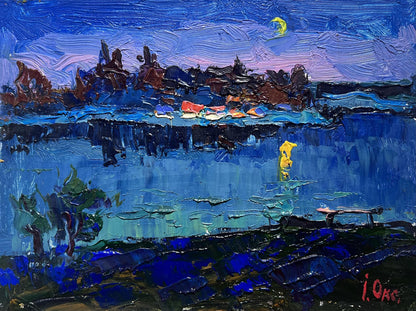 Oil painting Moon over the river by Oksana Ivanyuk, vibrant nocturnal lakeside scene