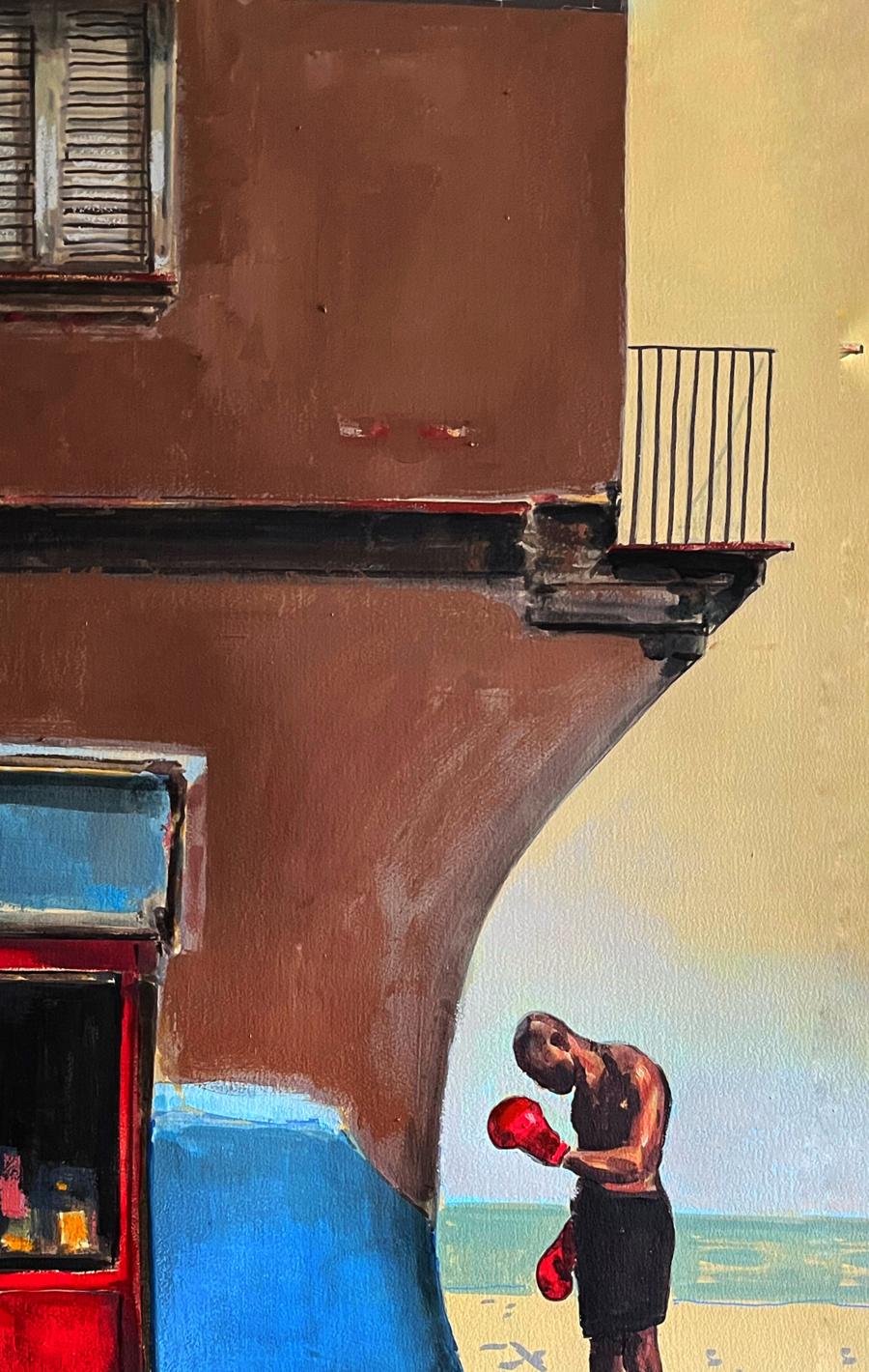 Acrylic painting Resistance by Juan Angel Gonzalez de la Calle: boxer on beach