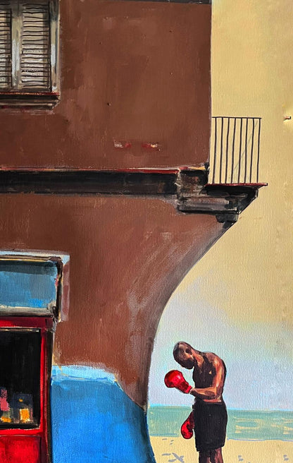 Acrylic painting Resistance by Juan Angel Gonzalez de la Calle: boxer on beach