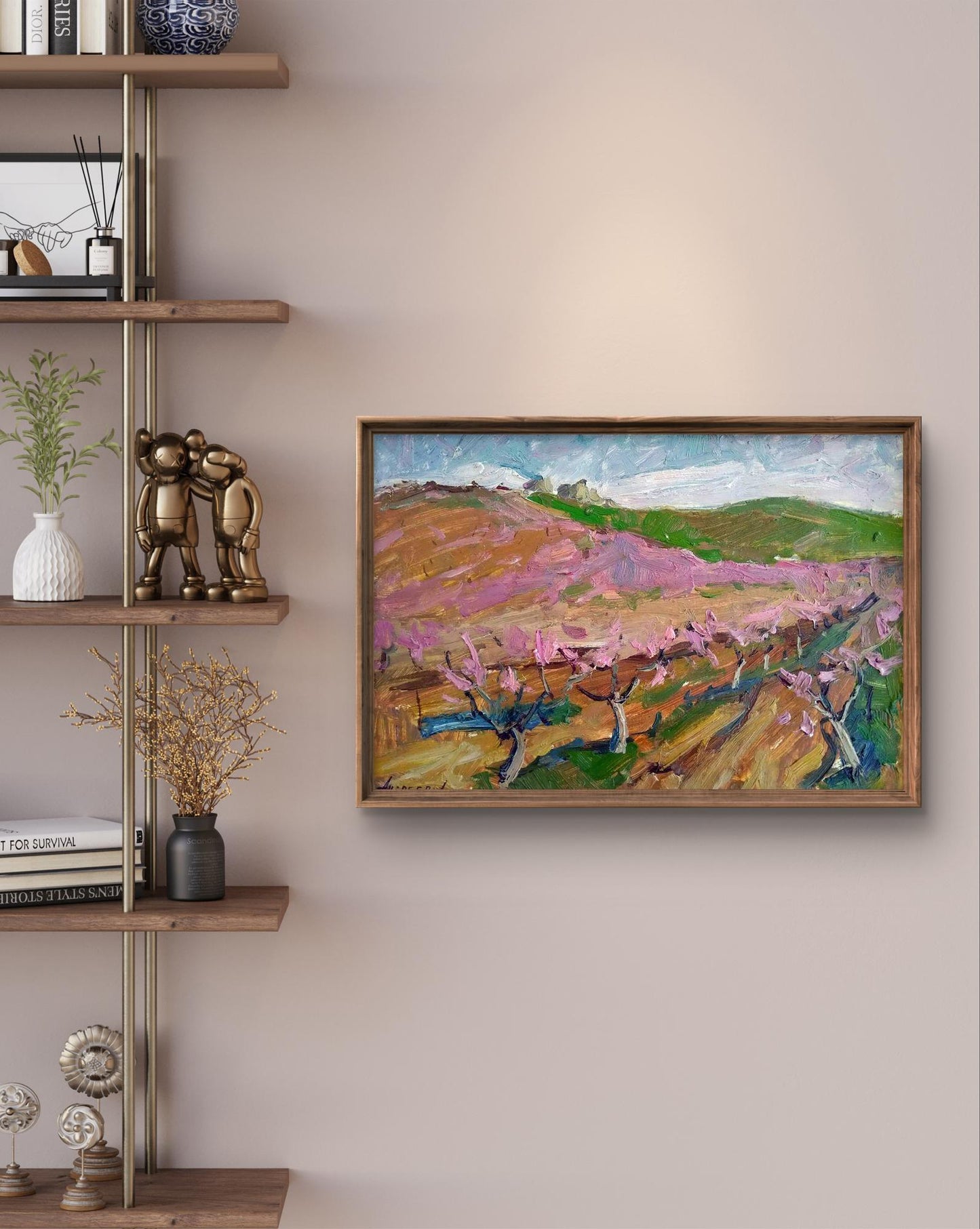 Oil painting Flowering garden by Oleksandr Andreev: pink trees and hills