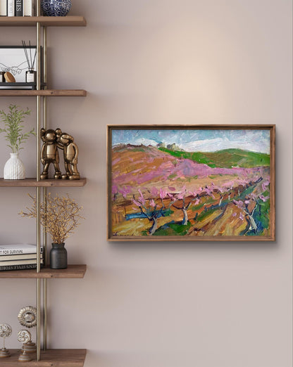 Oil painting Flowering garden by Oleksandr Andreev: pink trees and hills