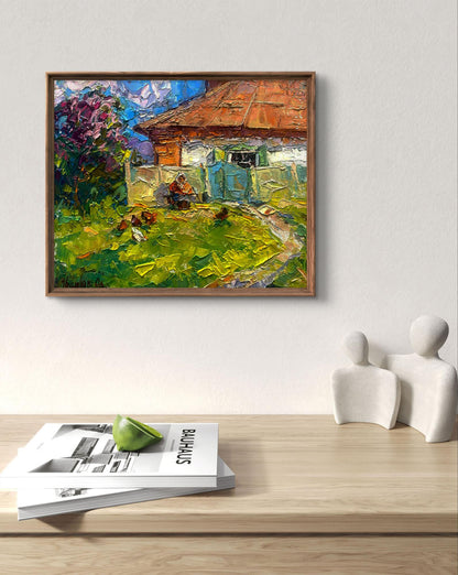 Oil painting Spring Awakening by Alex Kaleniuk, rustic house in vibrant greenery