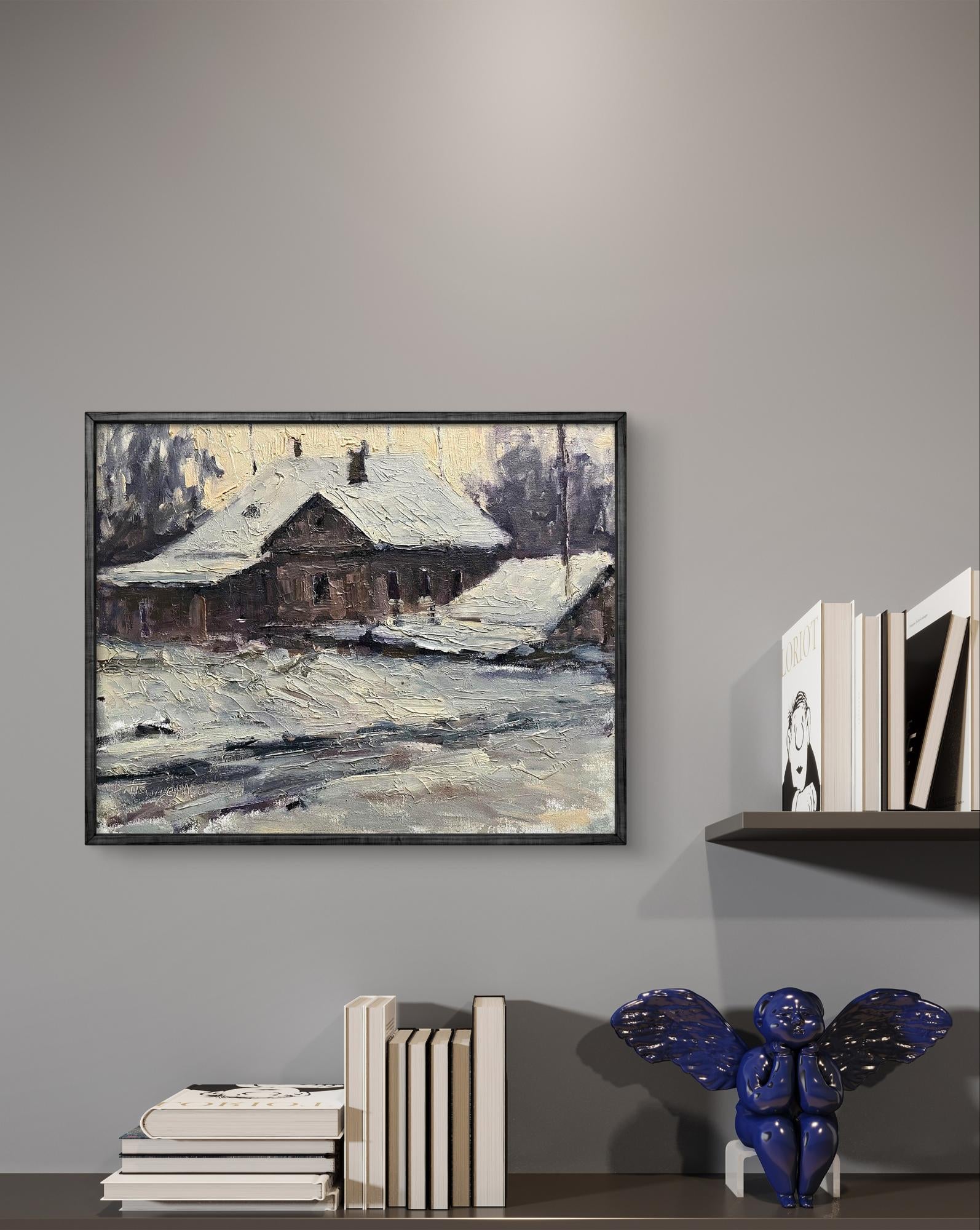 Oil painting White evening by Volodymyr Pashchenko snowy rural scene