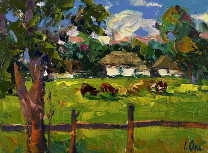 Vibrant impressionist oil painting by Oksana Ivanyuk: cows grazing in lush green meadow