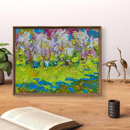 Oil painting Spring garden by Oleksiy Ivanyuk in rustic frame