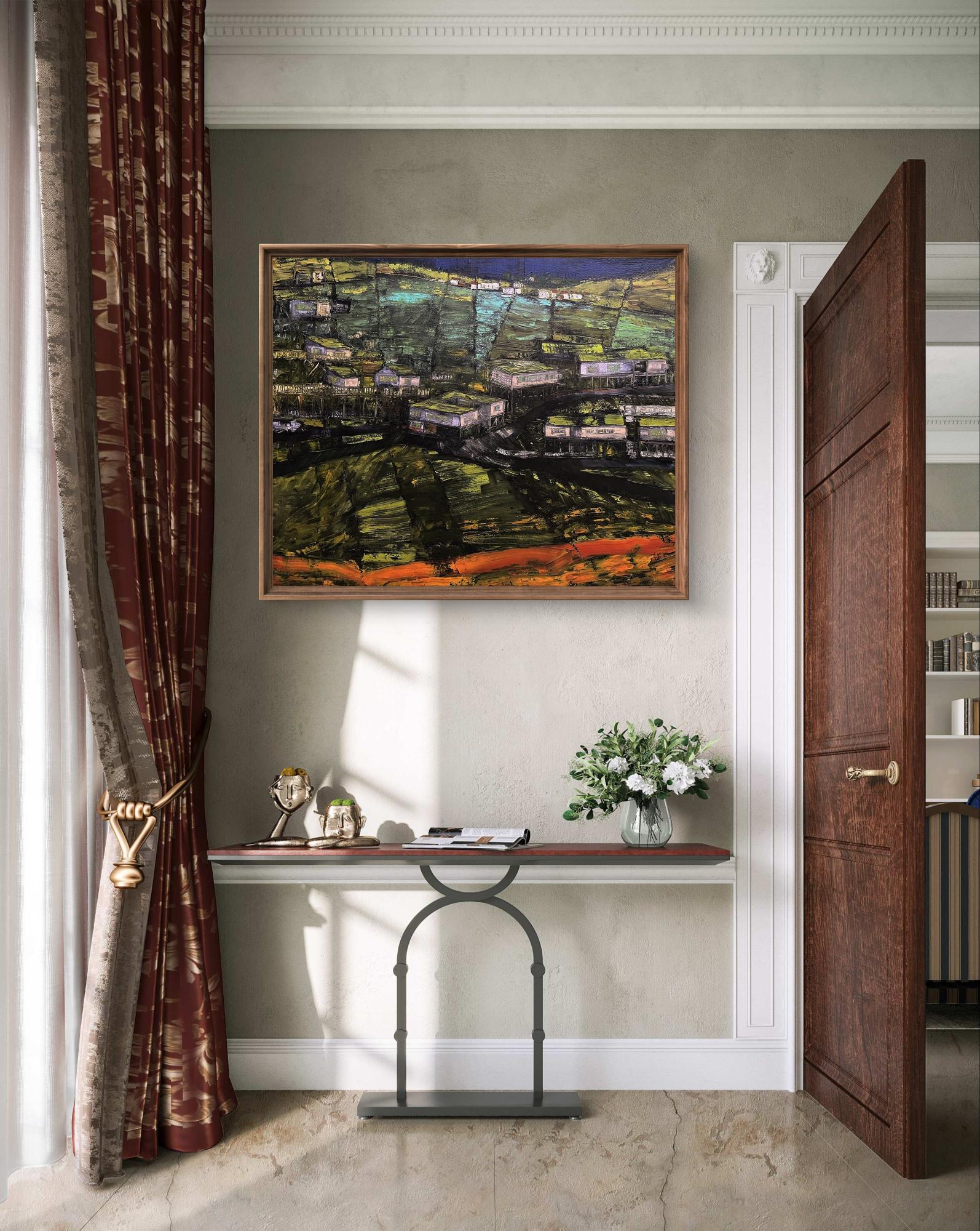 Oil painting City project by Serhiy Kovalev in wooden frame