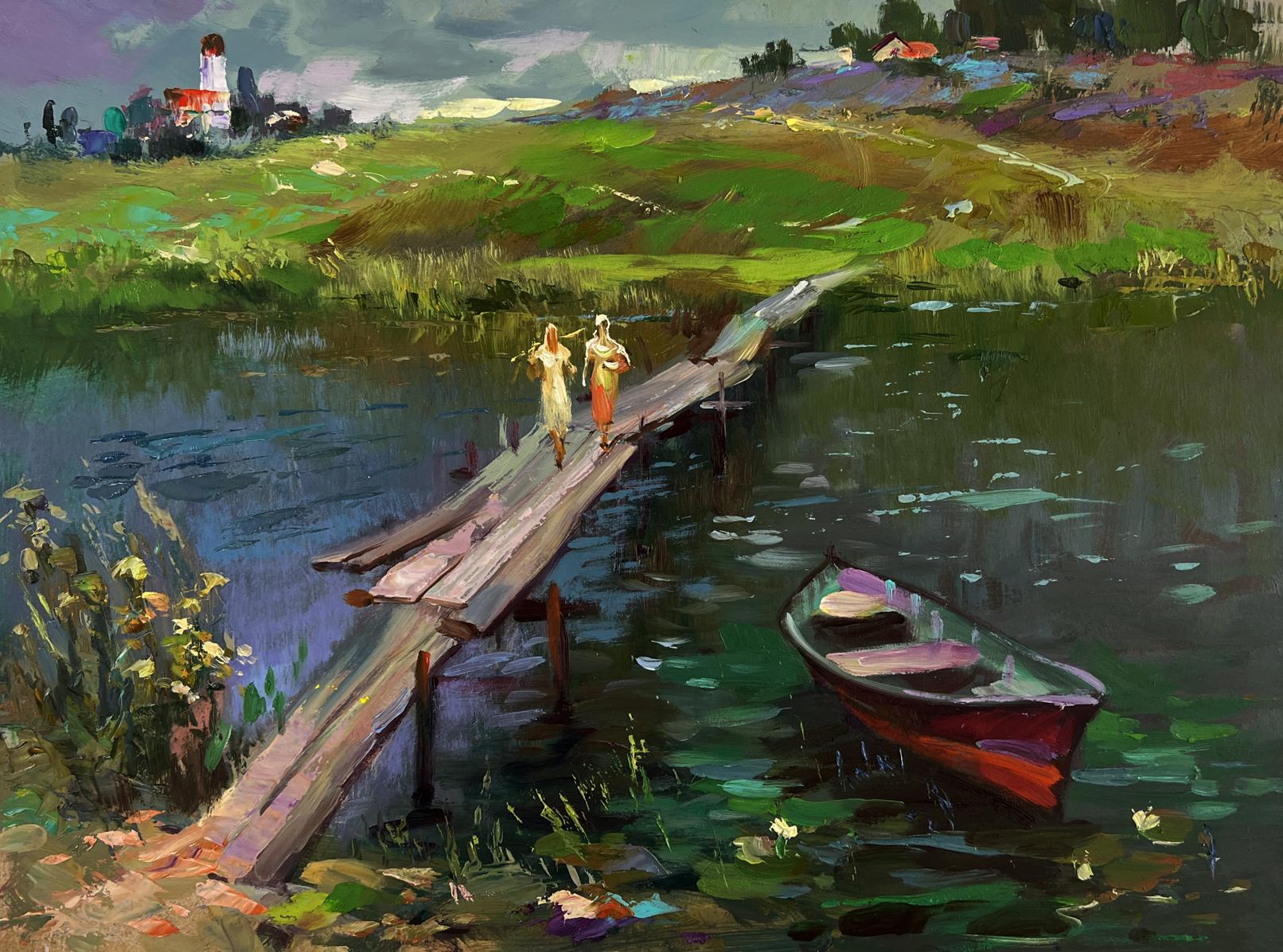 Oil painting by Yuriy Suprunchuk: red green rowboat on lily pads in calm water