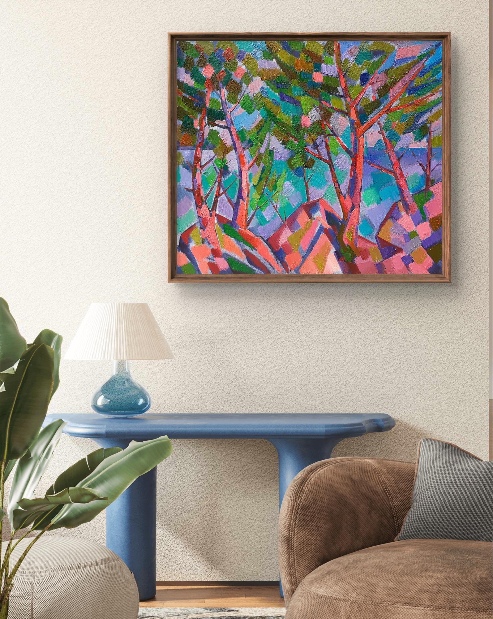 Oil painting Trees among the rocks by Peter Dobrev in wooden frame